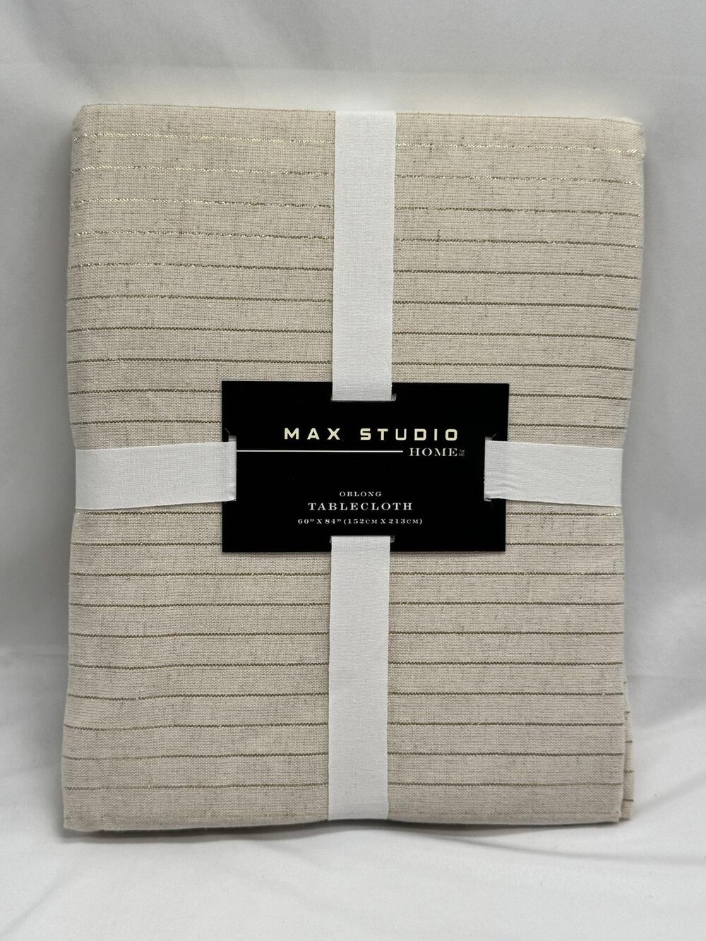 Max Studio Home Oblong Tablecloth 60x84 Beige Striped Flax Metallic Modern